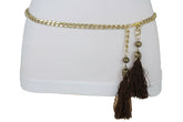 Belt Gold Metal Chain Hip Waist Long Brown Fringes Tassel XS S M